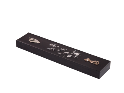 Cat Lover Modern Mezuzah Case. Antique Silver Skinny Cat and Silver Shin Letter
